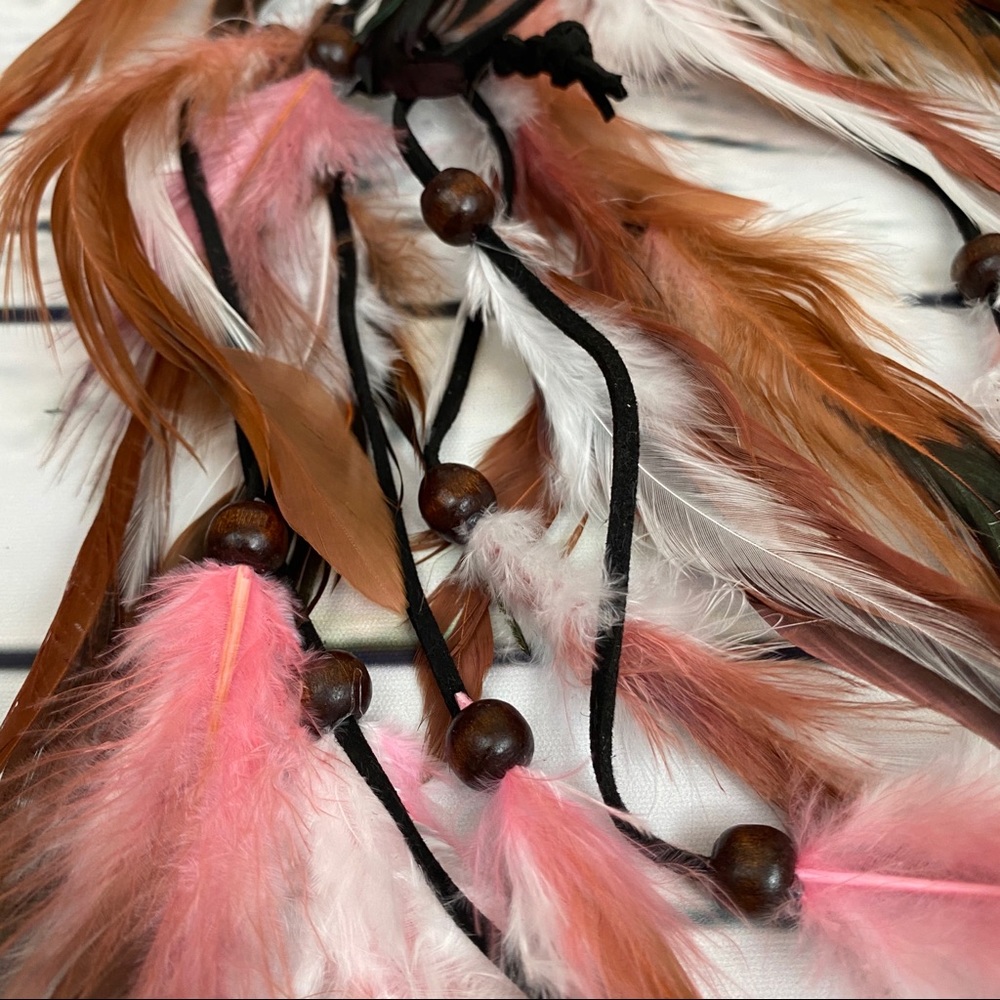 Boho Pink and White Long Feather Elastic Hair Tie - Picture 11 of 14